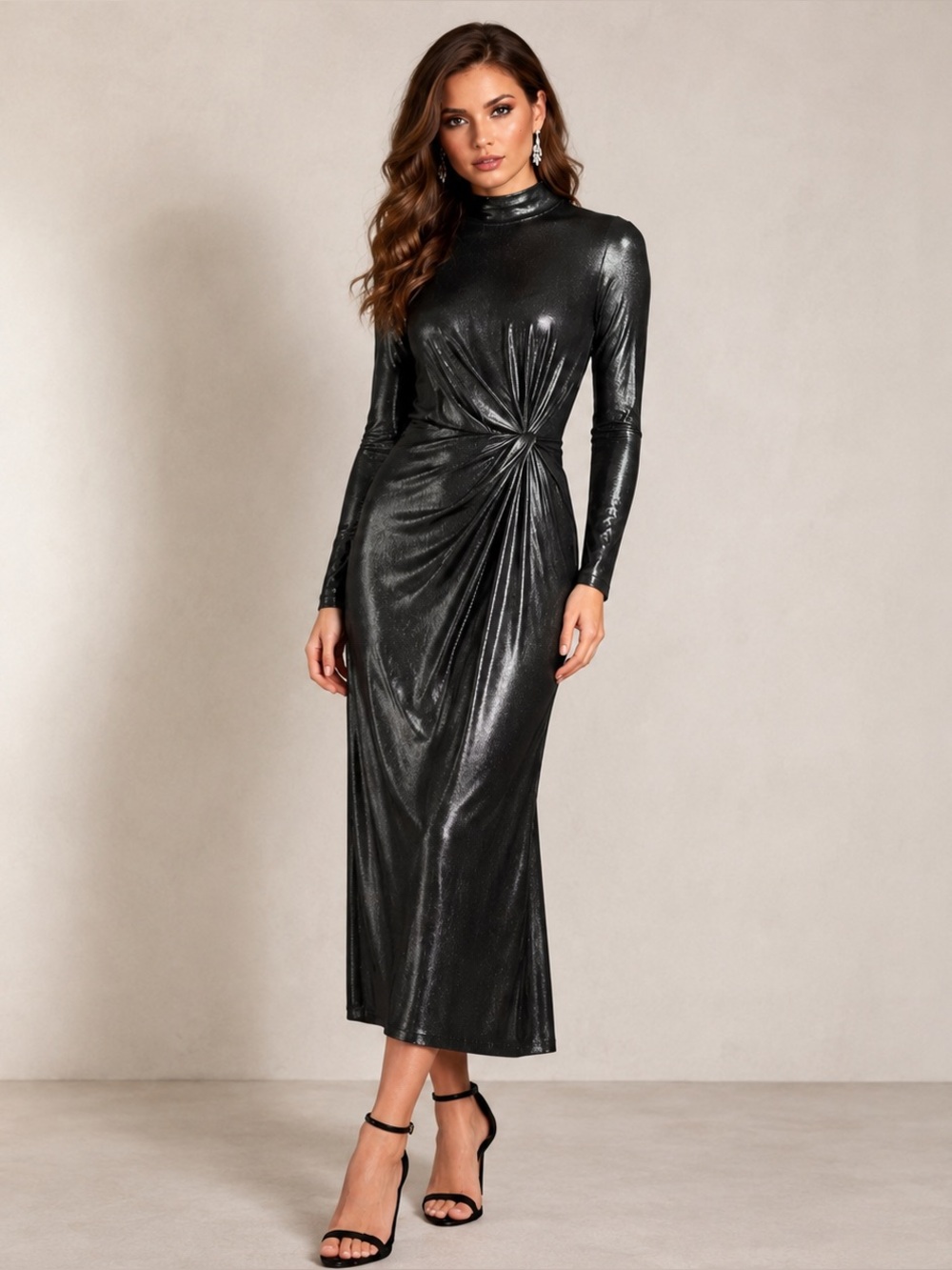 Tommy Hilfiger Women Metallic Midi Dress Sz 6 Silver Sheath Bodycon Party Y2K